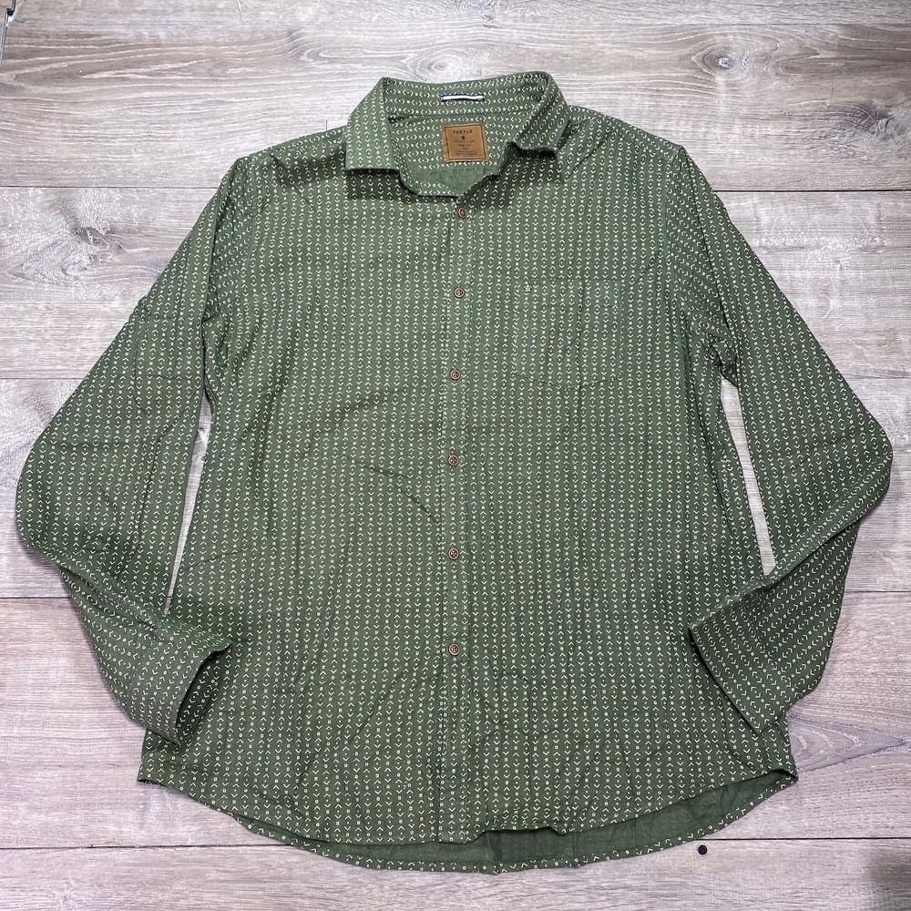 Turtle Sports Club Shirt Mens 44 Green Slim Fit Long Sleeve‎ Button Up Casual